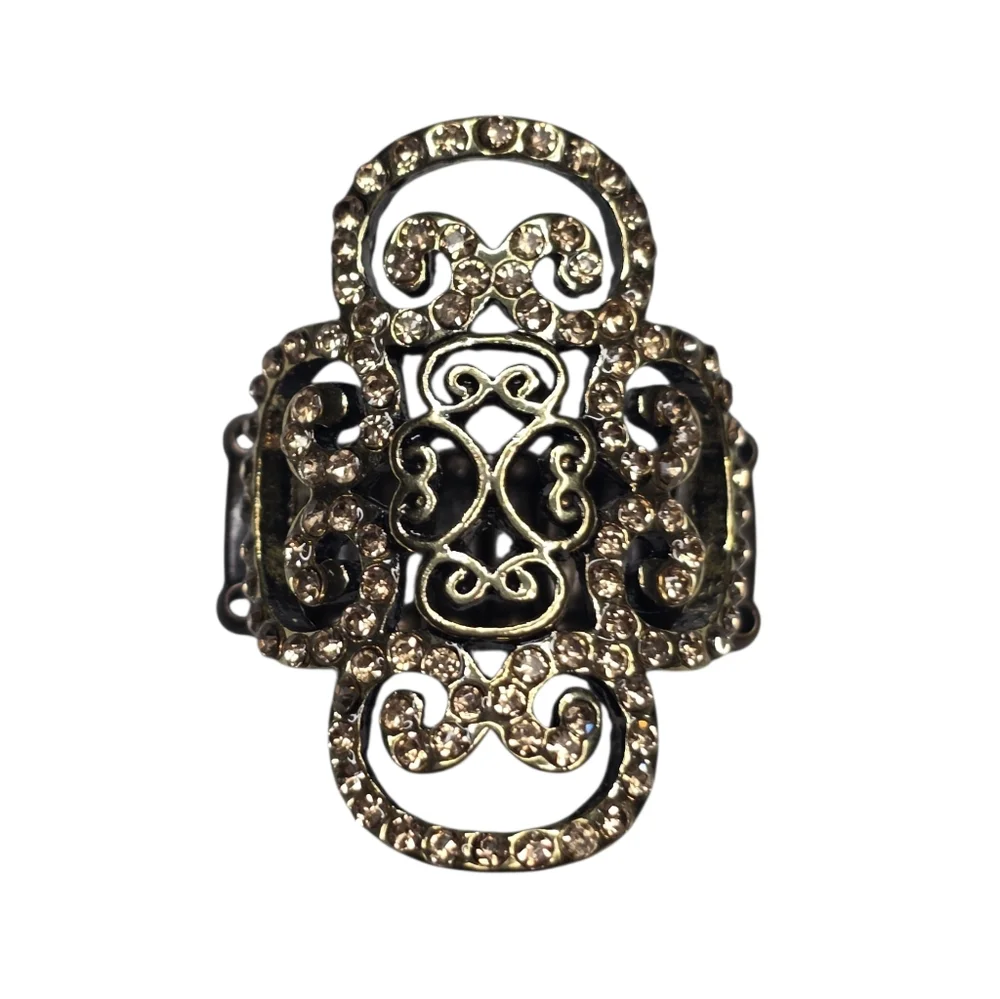 Regal Regalia Copper Tone Stretch Cocktail Ring With Gold Rhinestone Crystals